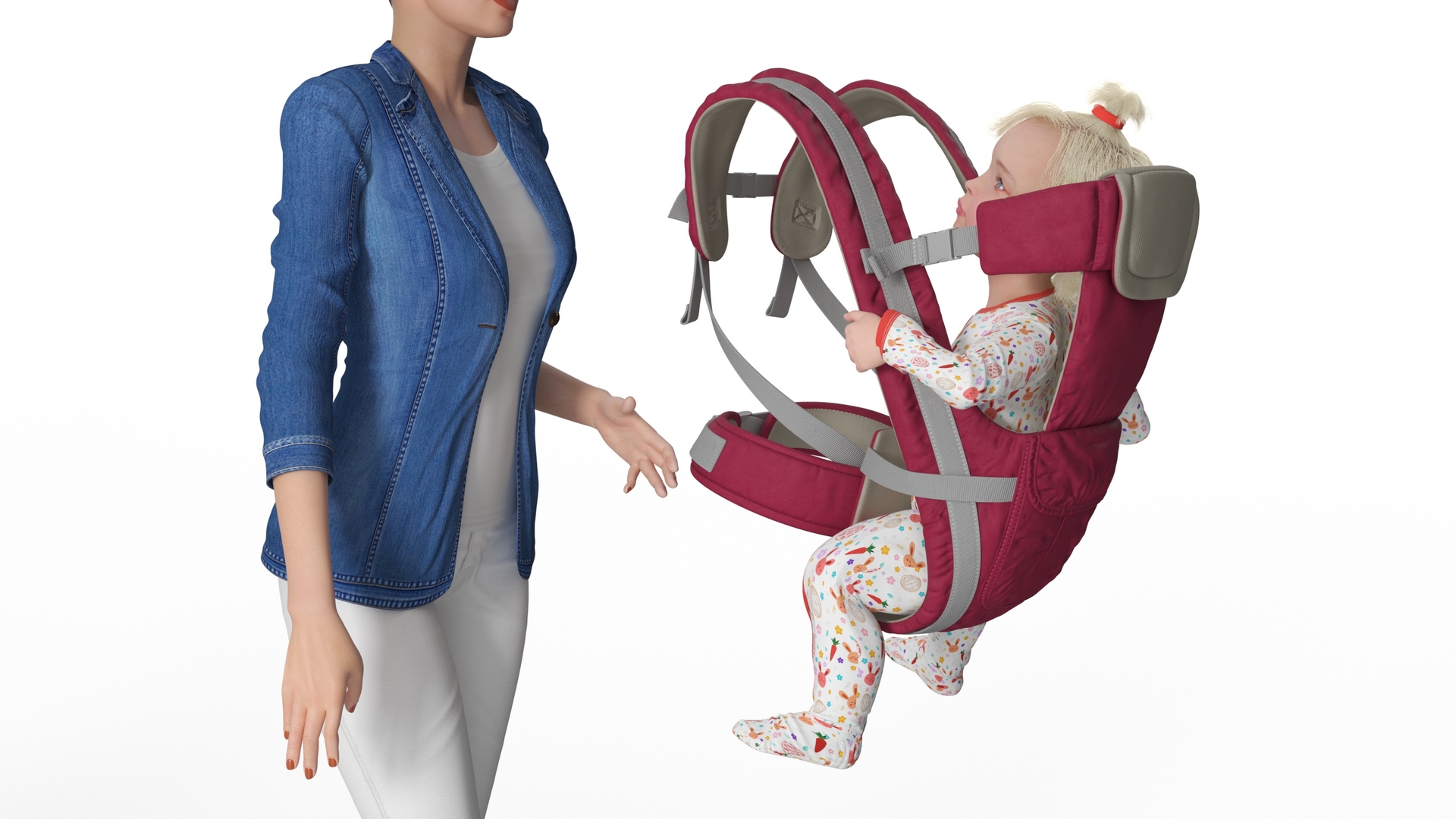 3D Woman with Little Girl in Carrier model