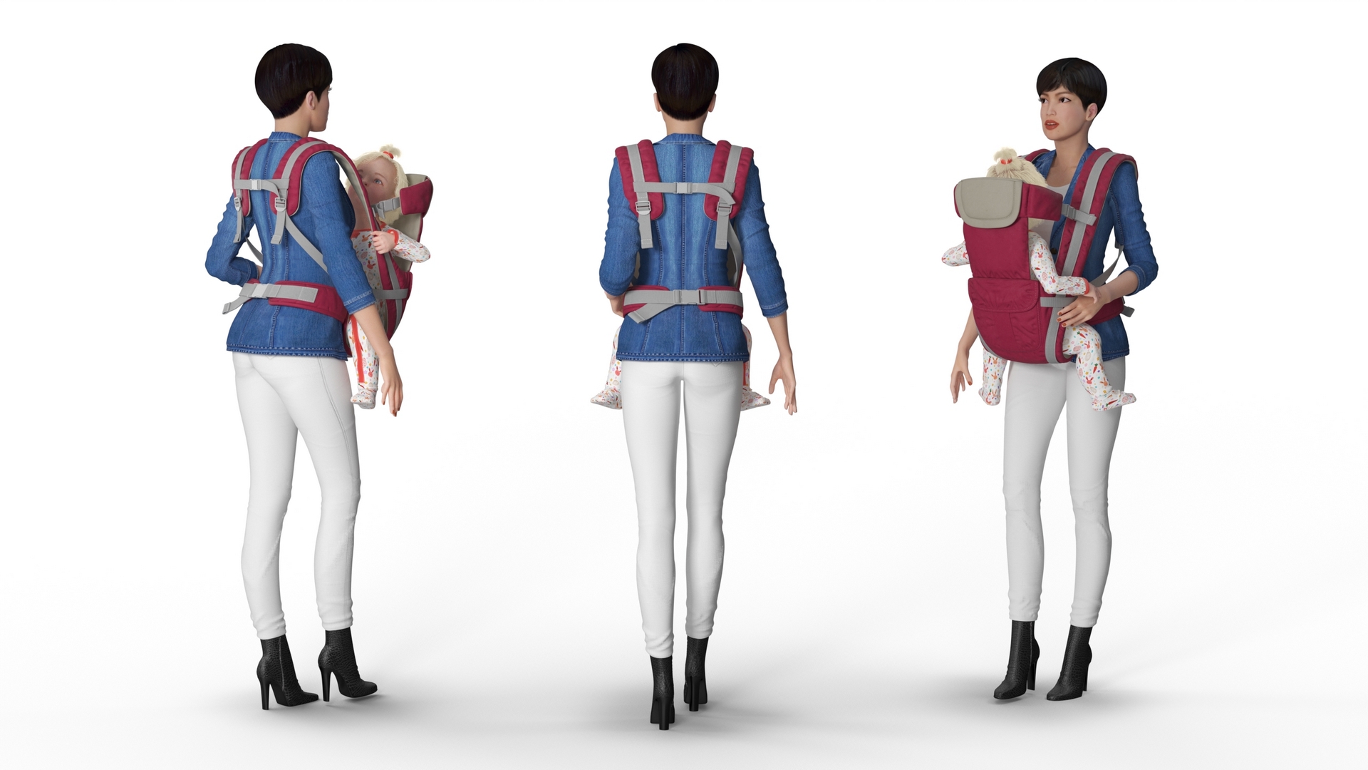 3D Woman with Little Girl in Carrier model