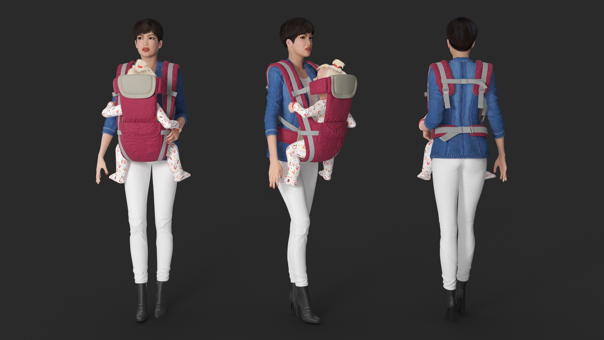 3D Woman with Little Girl in Carrier model