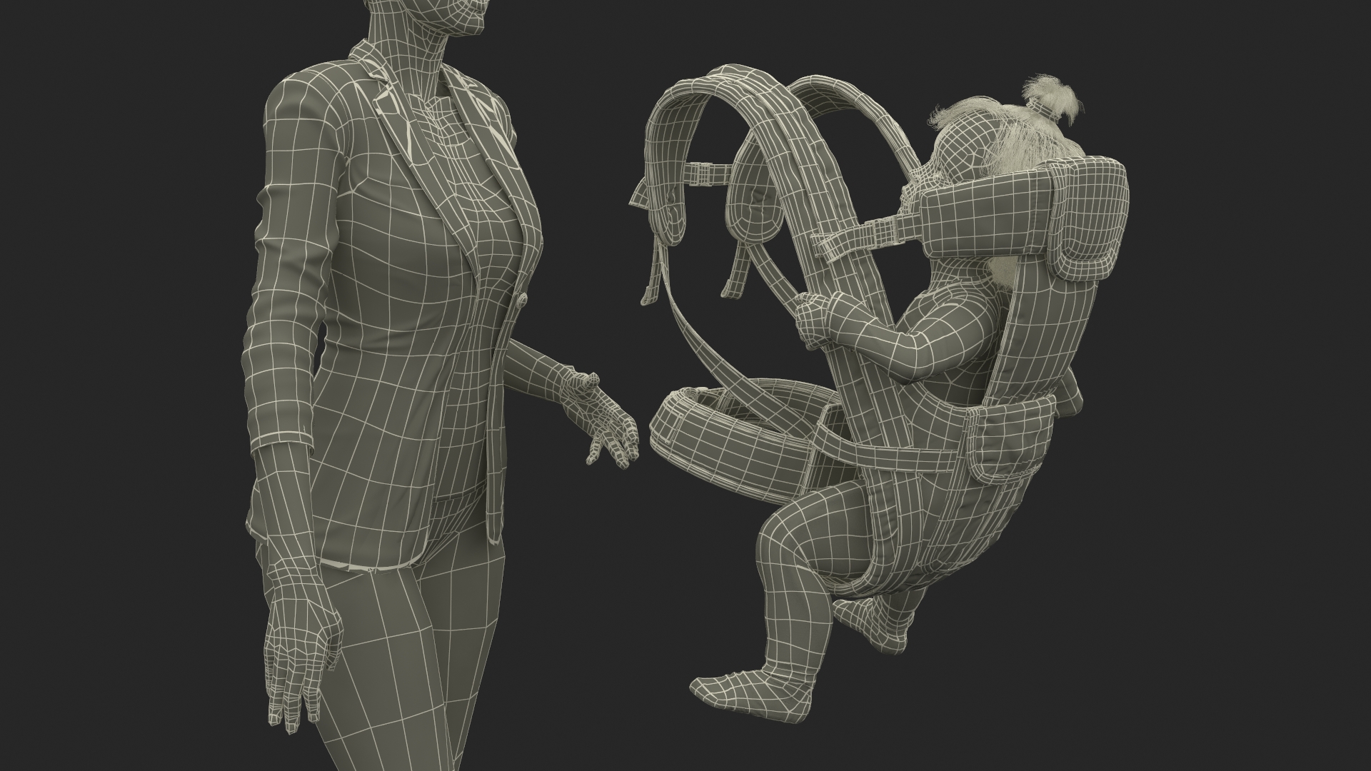 3D Woman with Little Girl in Carrier model