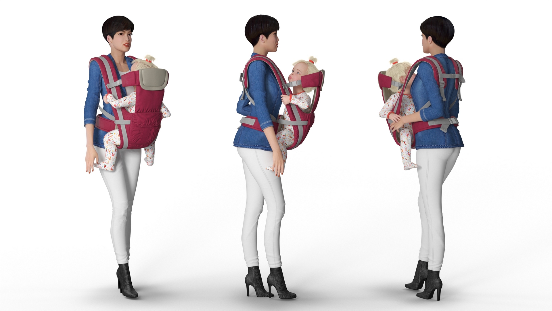 3D Woman with Little Girl in Carrier model