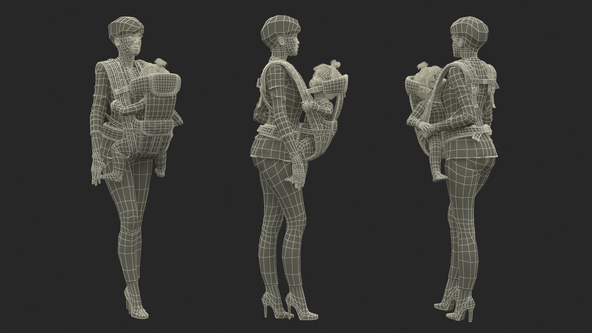 3D Woman with Little Girl in Carrier model