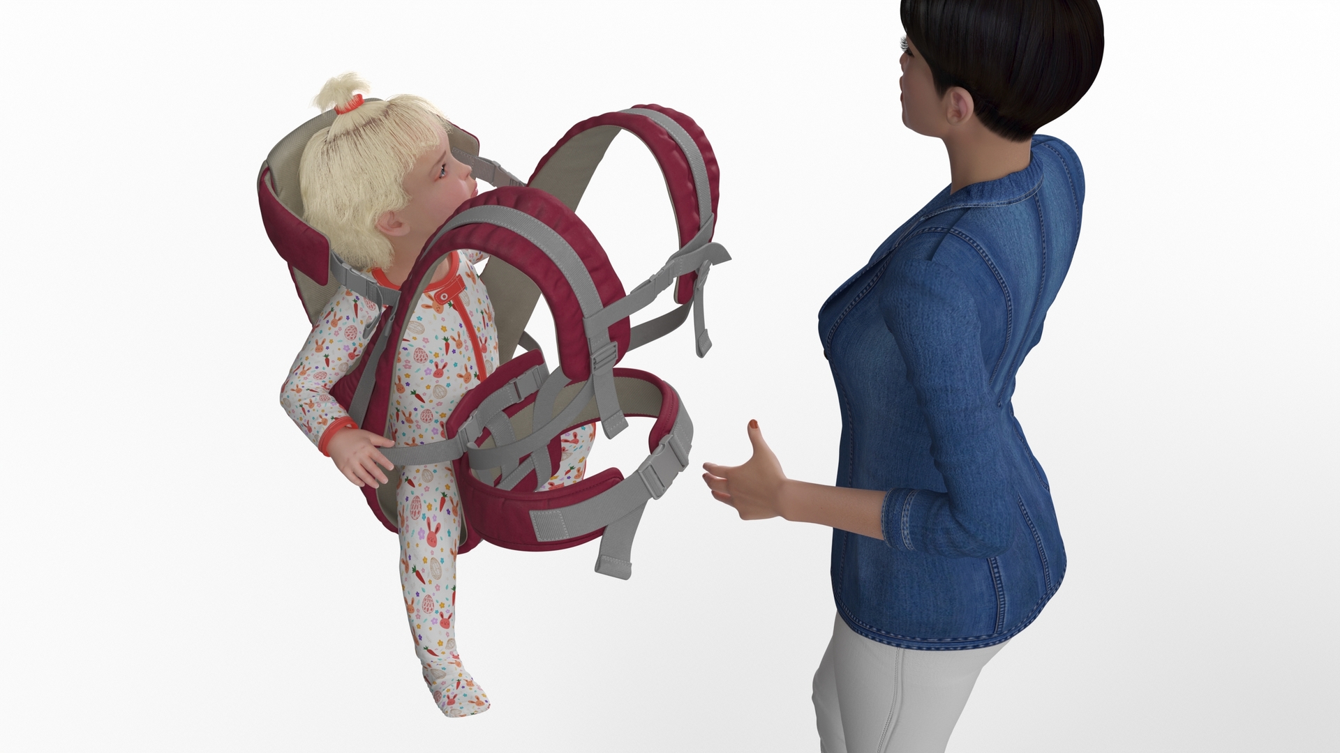 3D Woman with Little Girl in Carrier model