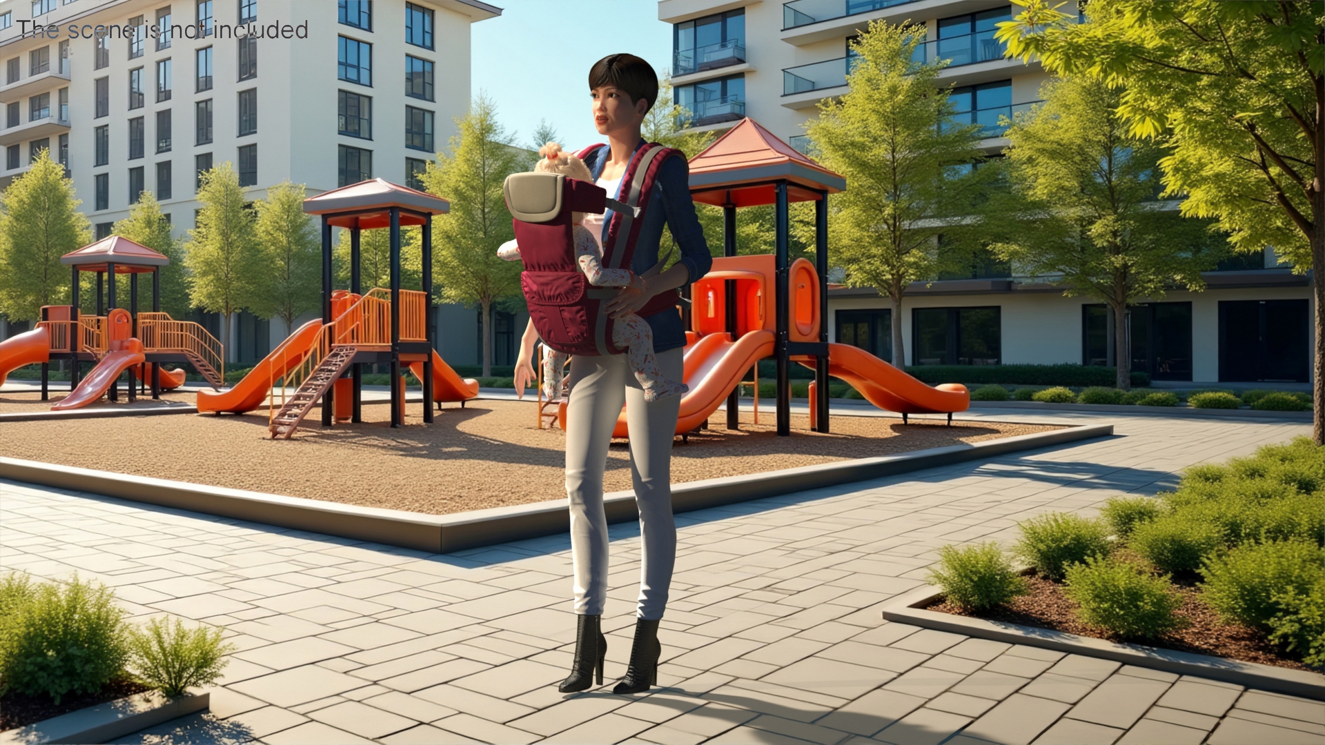 3D Woman with Little Girl in Carrier model