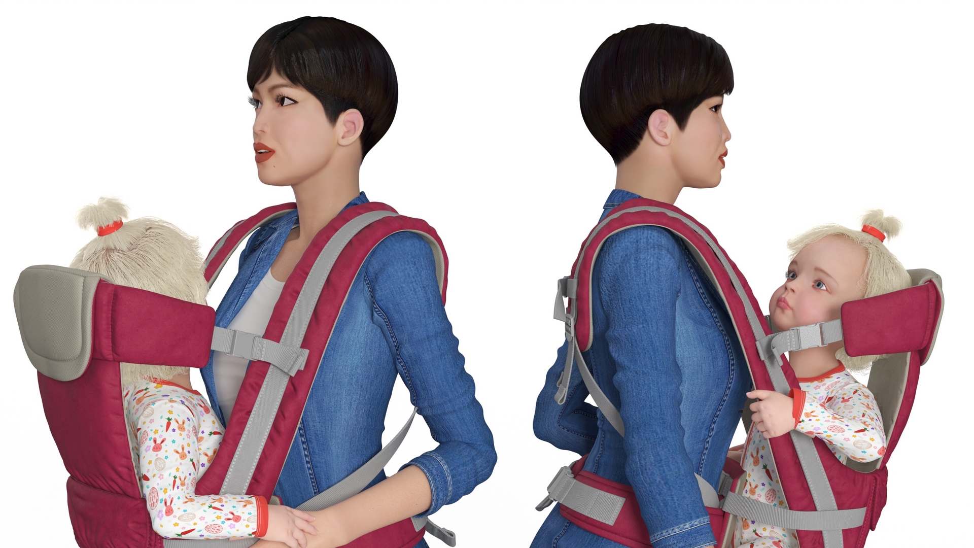 3D Woman with Little Girl in Carrier model