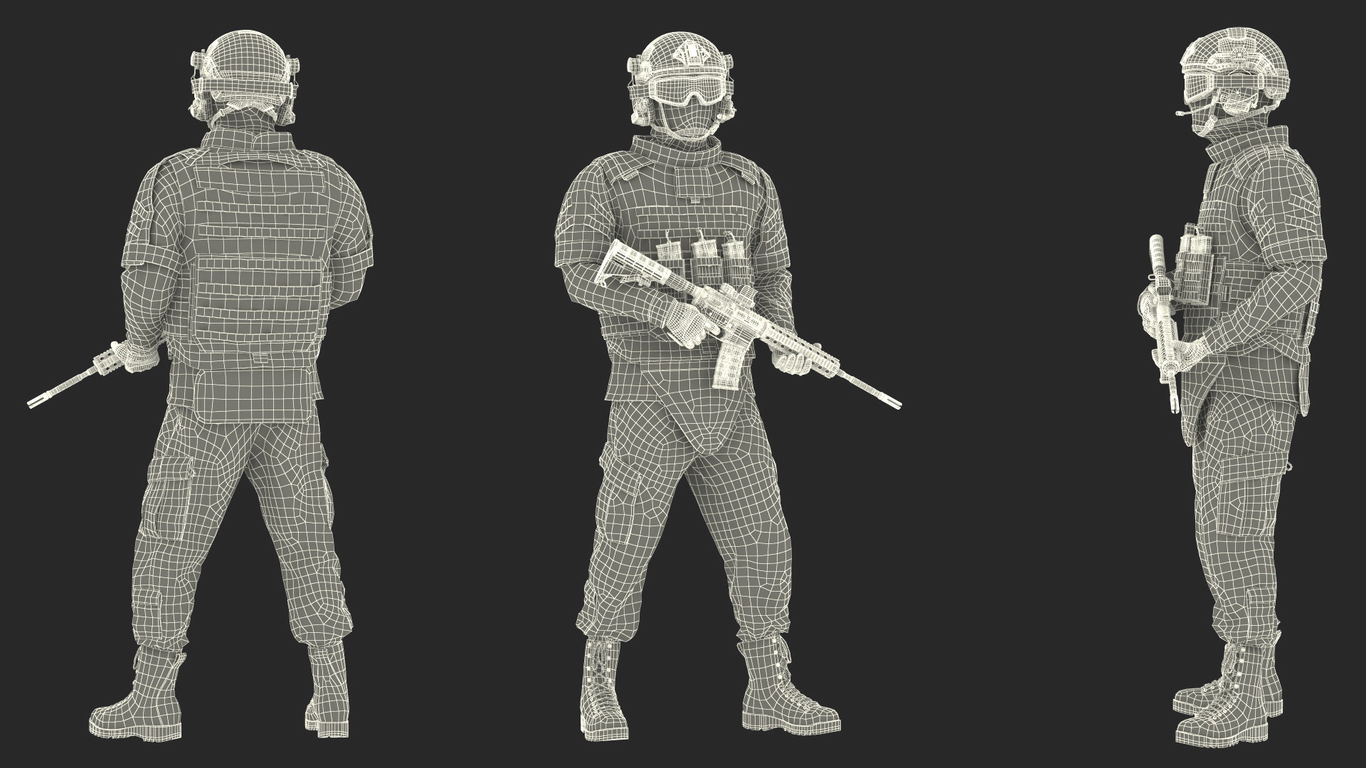 3D model Soldier in Grey Tactical Gear with Goggles Standing Fur