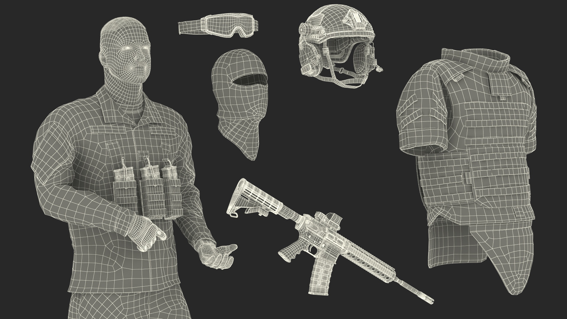 3D model Soldier in Grey Tactical Gear with Goggles Standing Fur