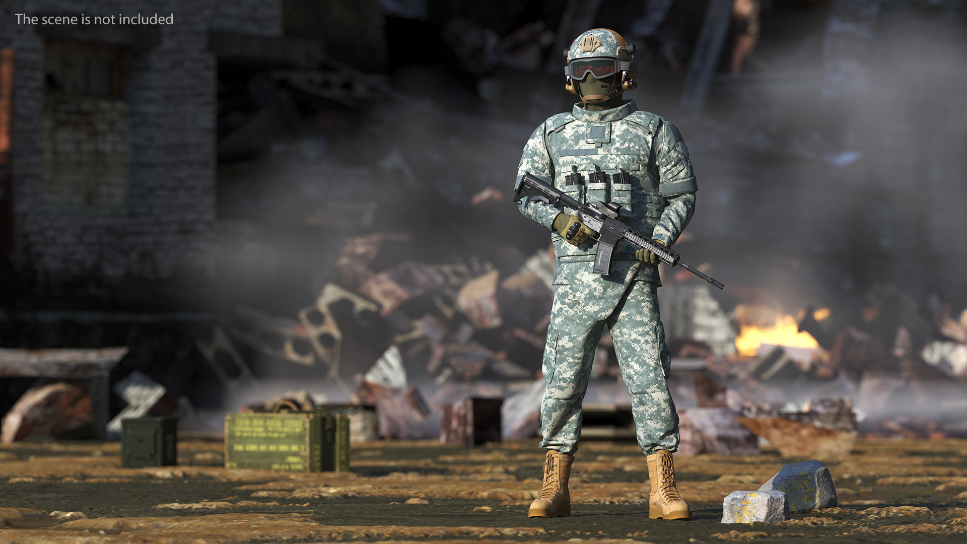 3D model Soldier in Grey Tactical Gear with Goggles Standing Fur