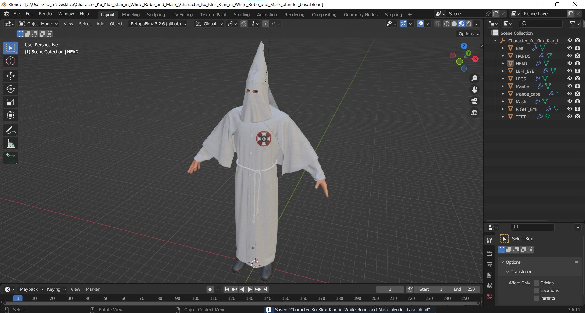 3D model Character Ku Klux Klan in White Robe and Mask