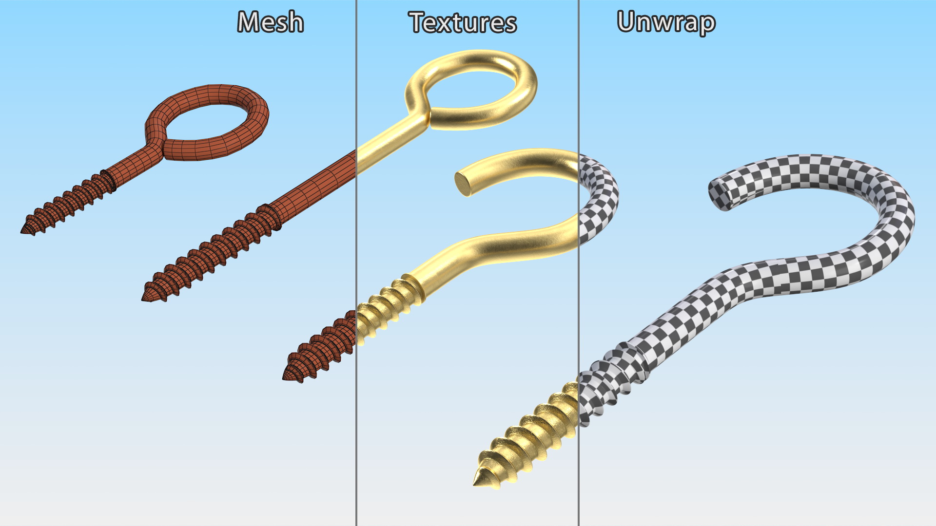 Eye Screw Hooks Set Gold 3D model