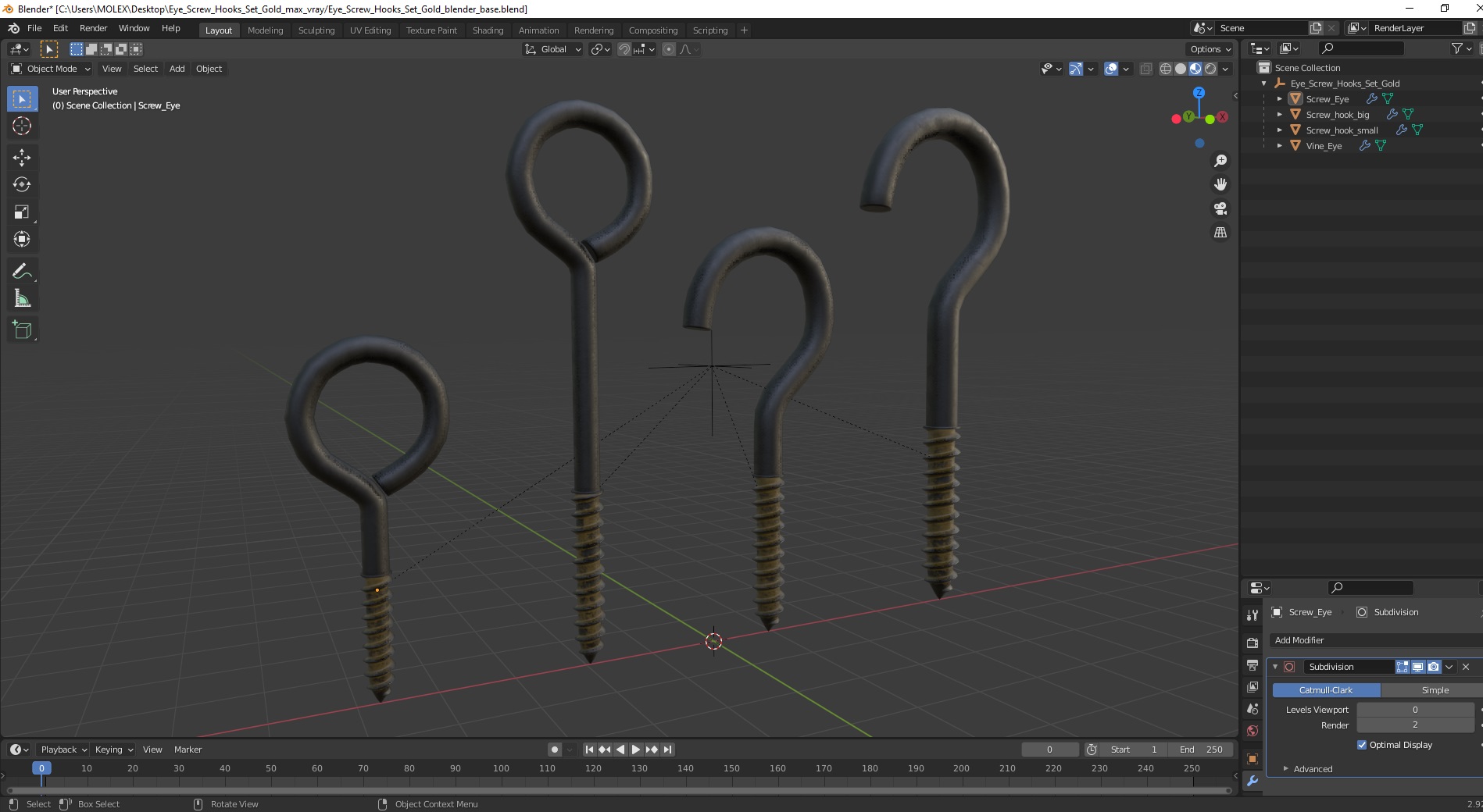 Eye Screw Hooks Set Gold 3D model