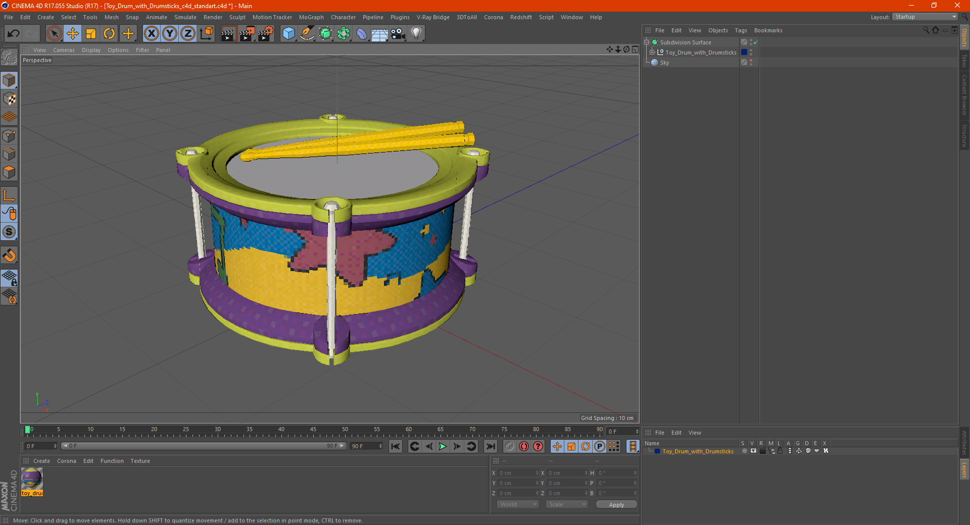 Toy Drum with Drumsticks 3D model