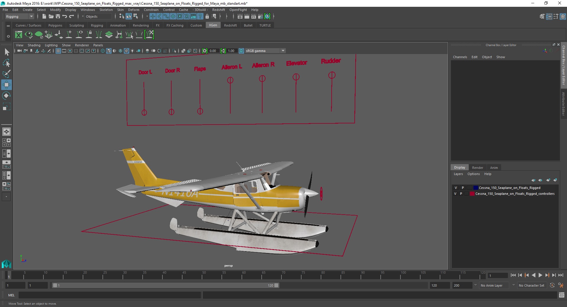 3D model Cessna 150 Seaplane on Floats Rigged for Maya