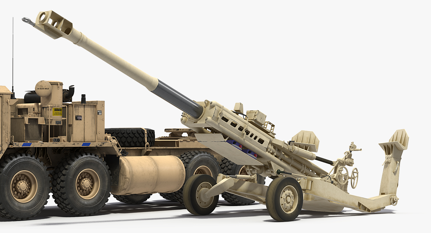 3D Desert Oshkosh HEMTT Towing M777 Howitzer Rigged model