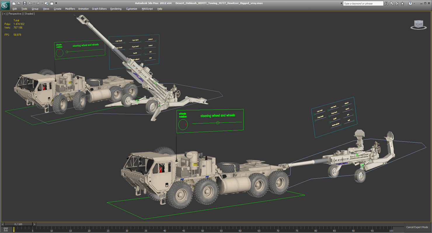 3D Desert Oshkosh HEMTT Towing M777 Howitzer Rigged model