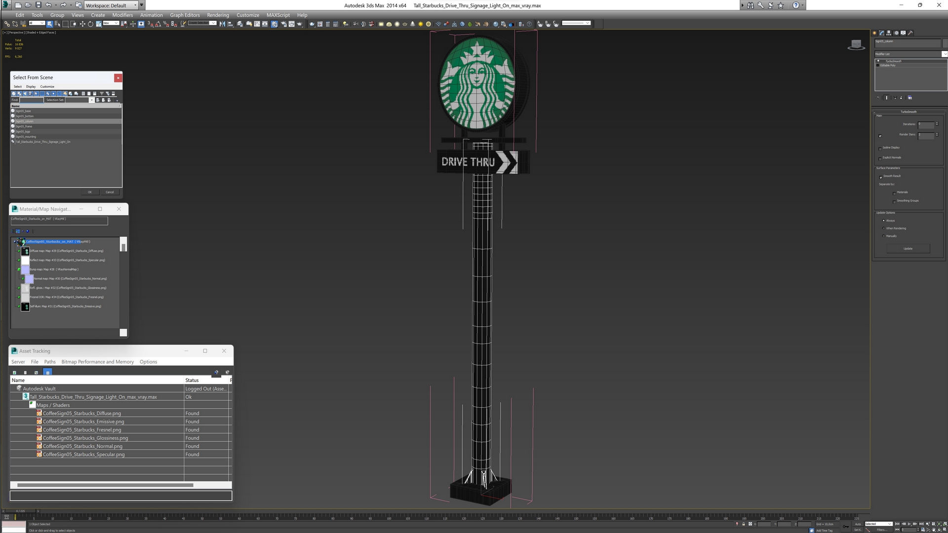 Tall Starbucks Drive Thru Signage Light On 3D