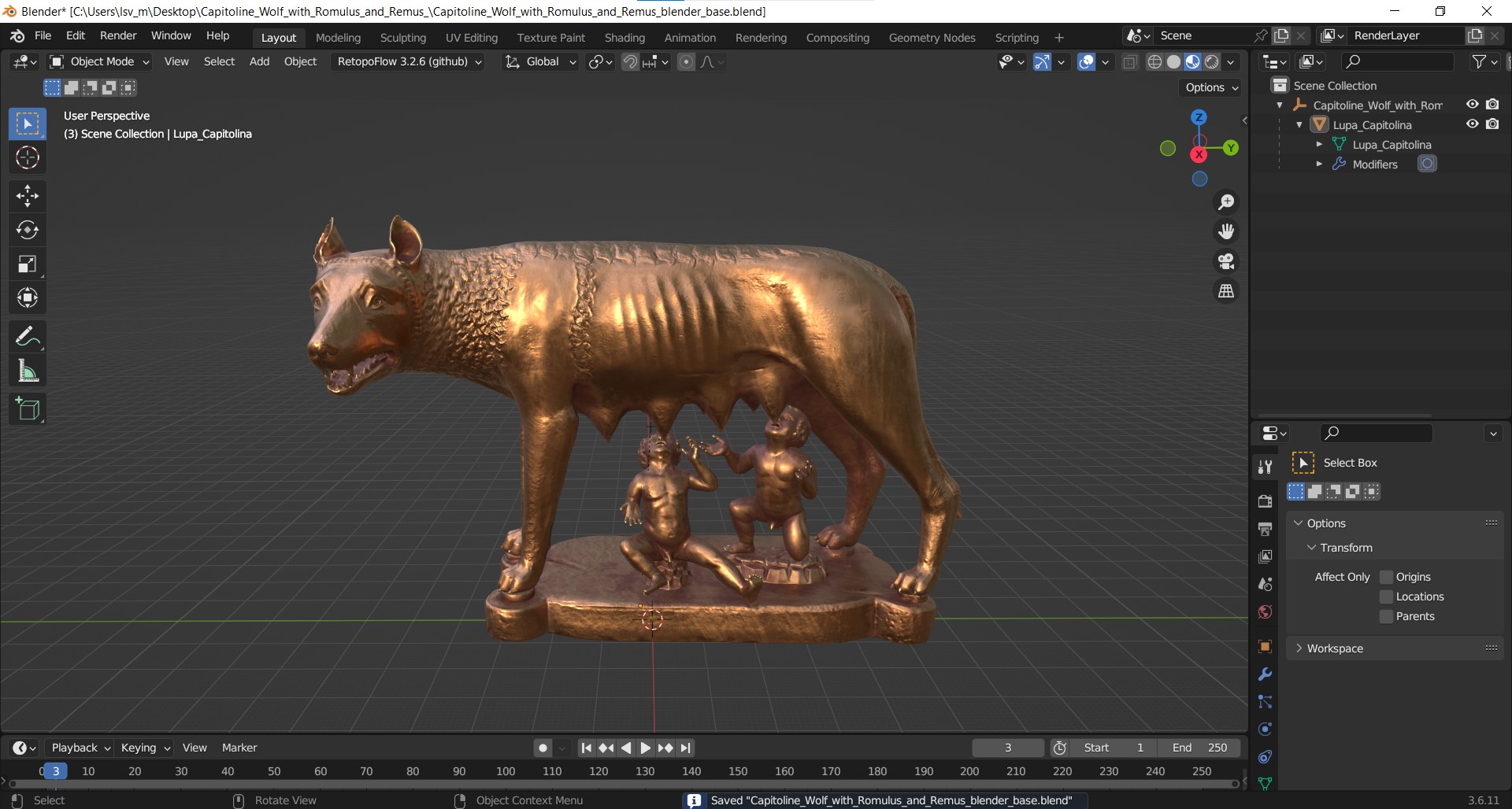 3D Capitoline Wolf with Romulus and Remus for 3D Print