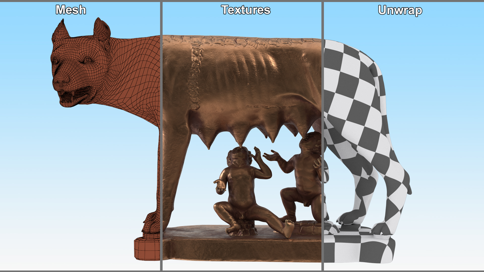 3D Capitoline Wolf with Romulus and Remus for 3D Print