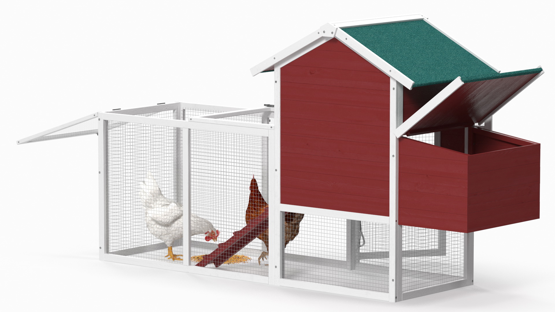 3D Red Small Chicken Coop with Chickens