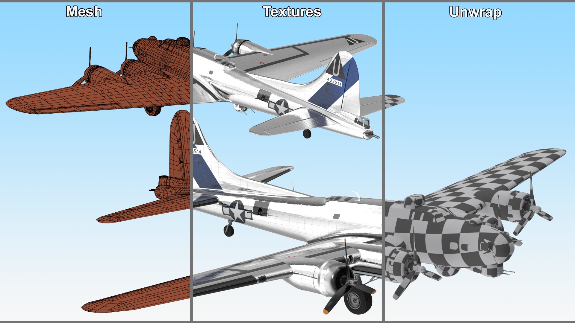 3D Boeing B-17 Propeller Aircraft Bomber Rigged for Maya model