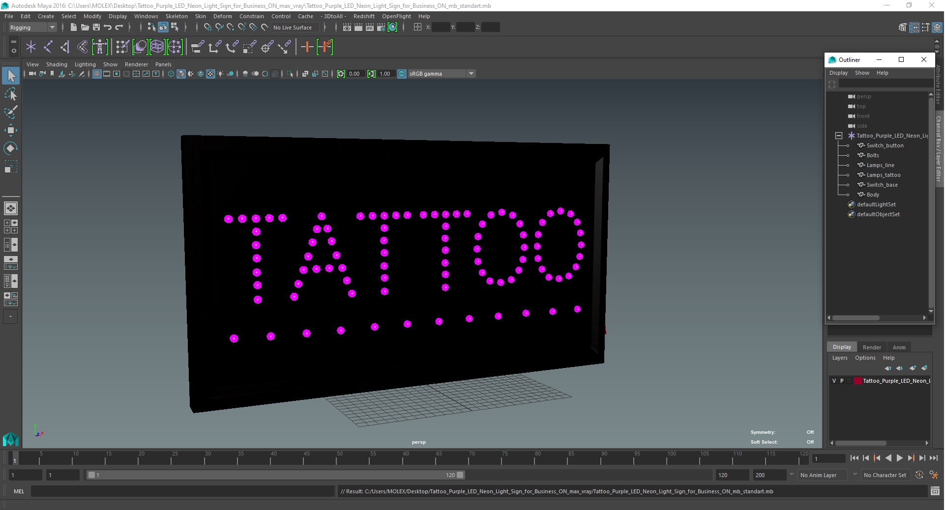 Tattoo Purple LED Neon Light Sign for Business ON 3D model