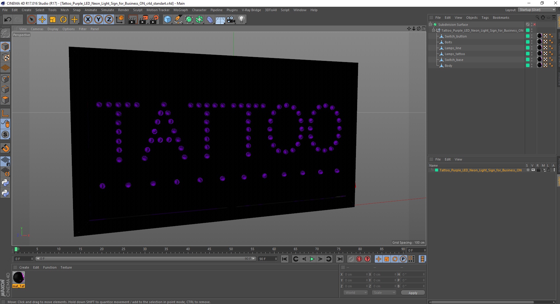 Tattoo Purple LED Neon Light Sign for Business ON 3D model