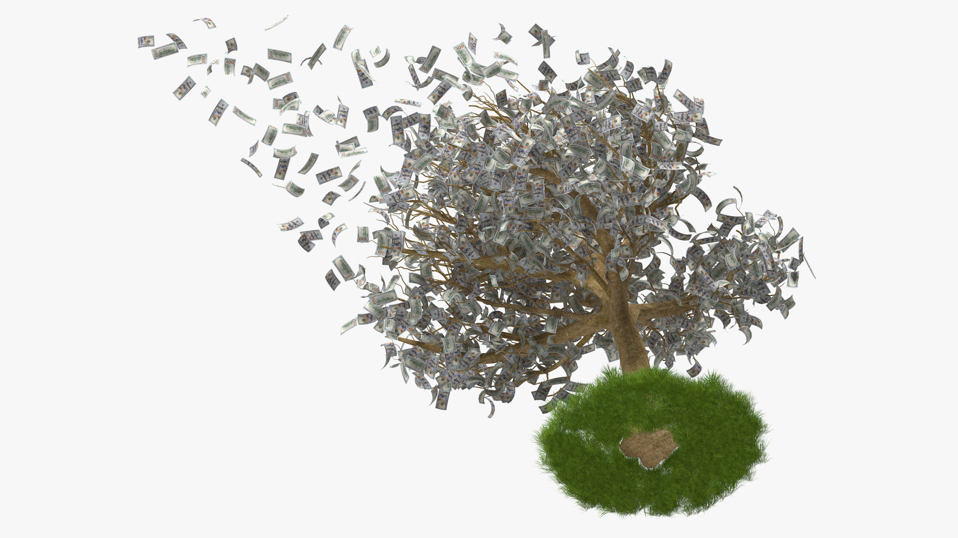 3D Money Tree with Dollars Blown by the Wind