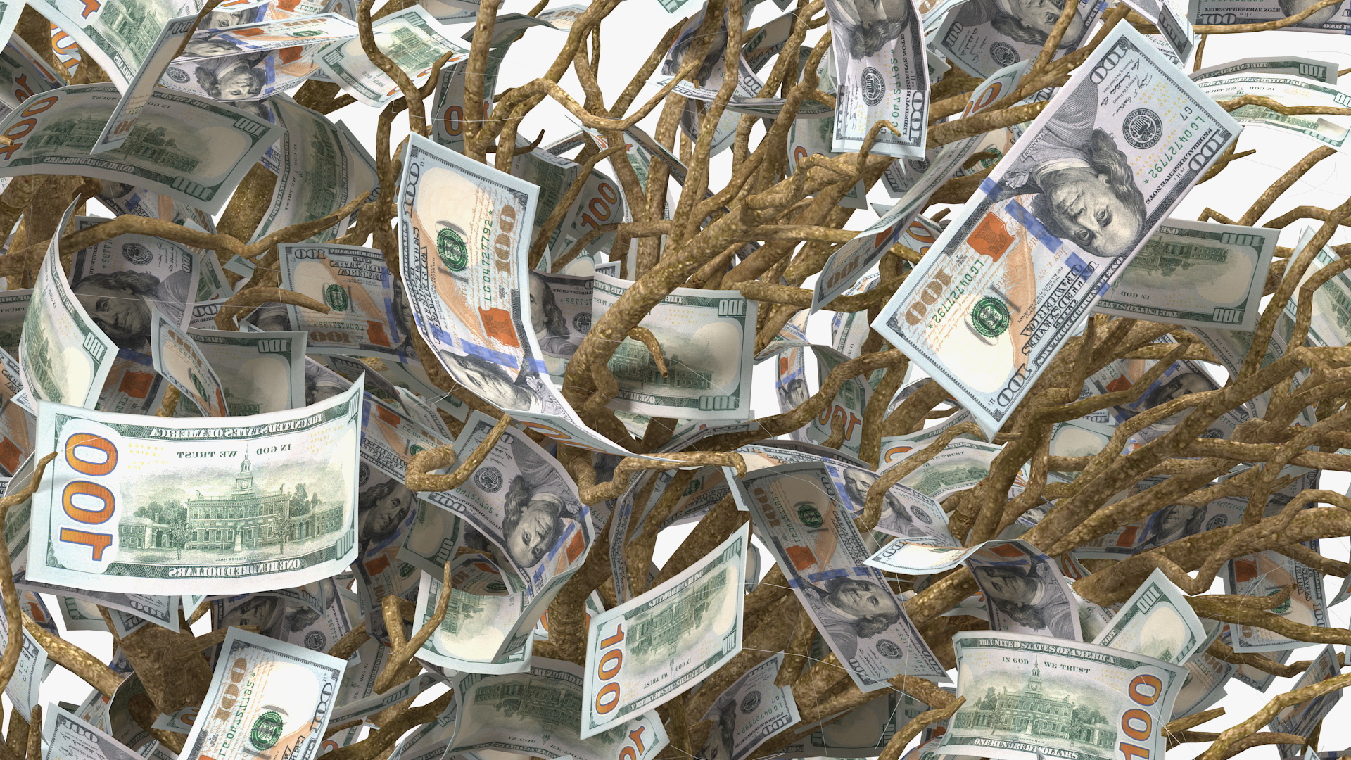 3D Money Tree with Dollars Blown by the Wind