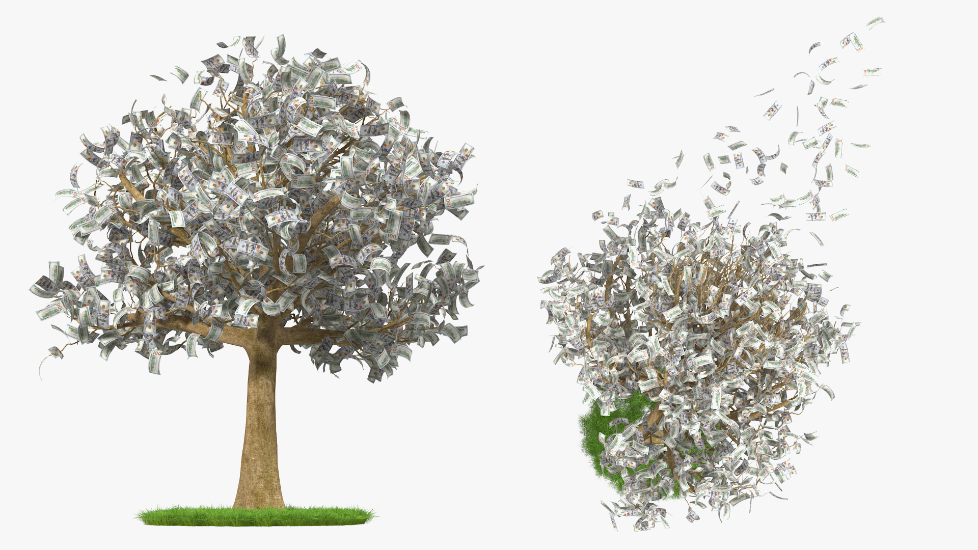 3D Money Tree with Dollars Blown by the Wind