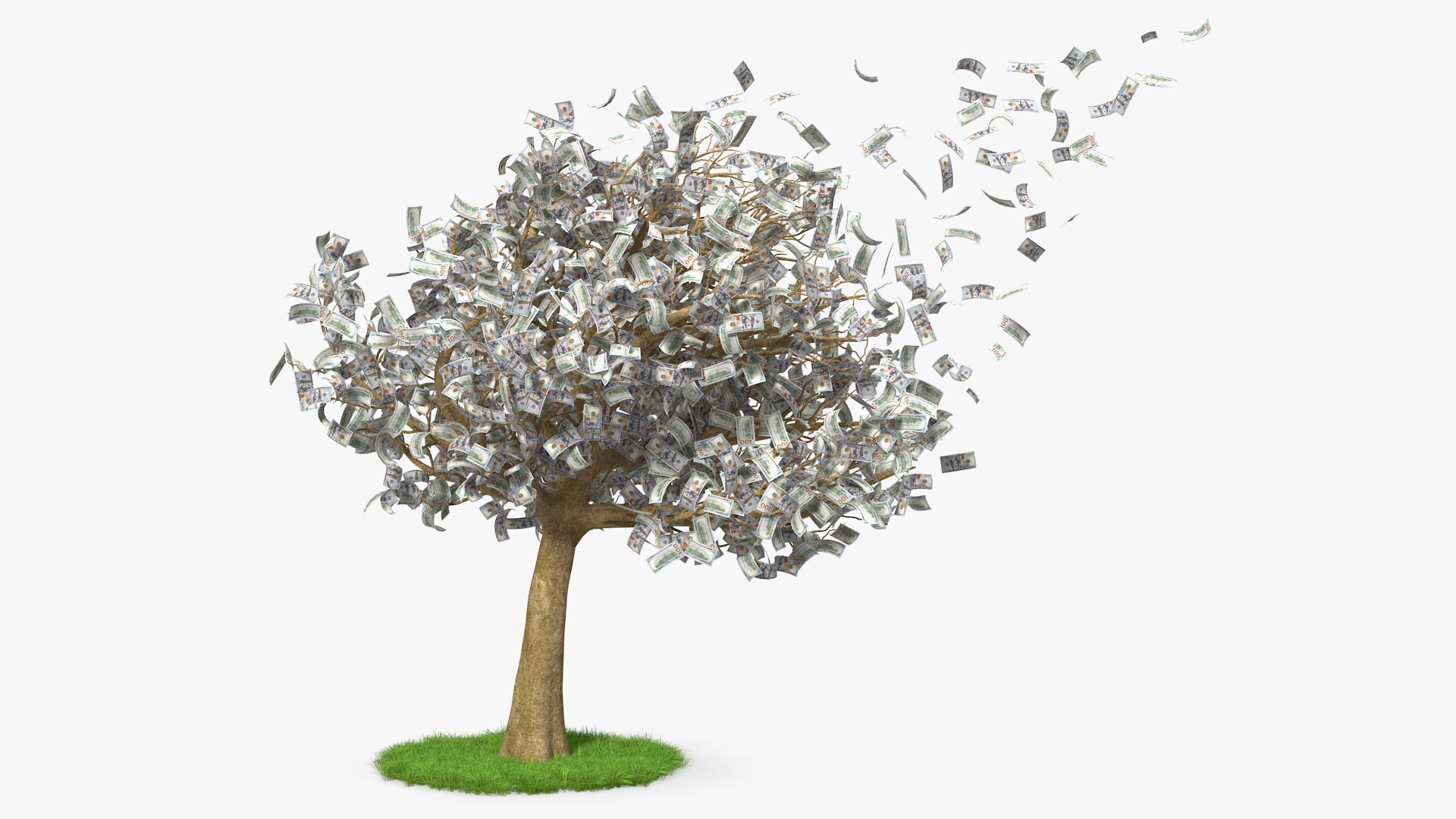 3D Money Tree with Dollars Blown by the Wind