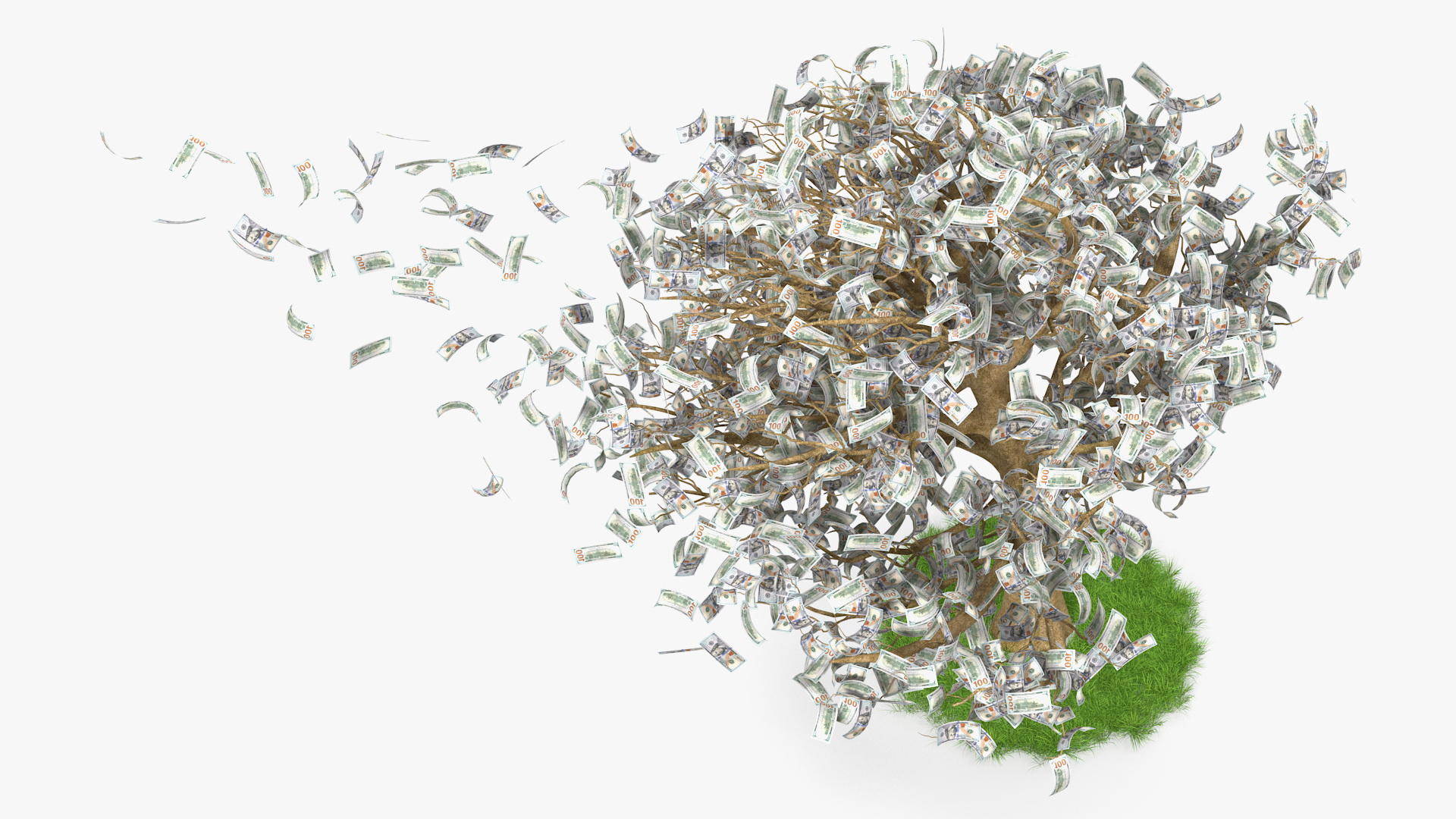 3D Money Tree with Dollars Blown by the Wind