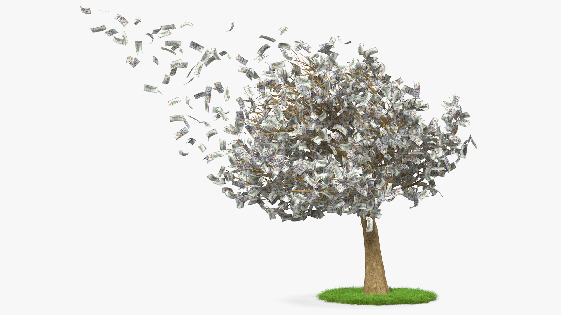 3D Money Tree with Dollars Blown by the Wind