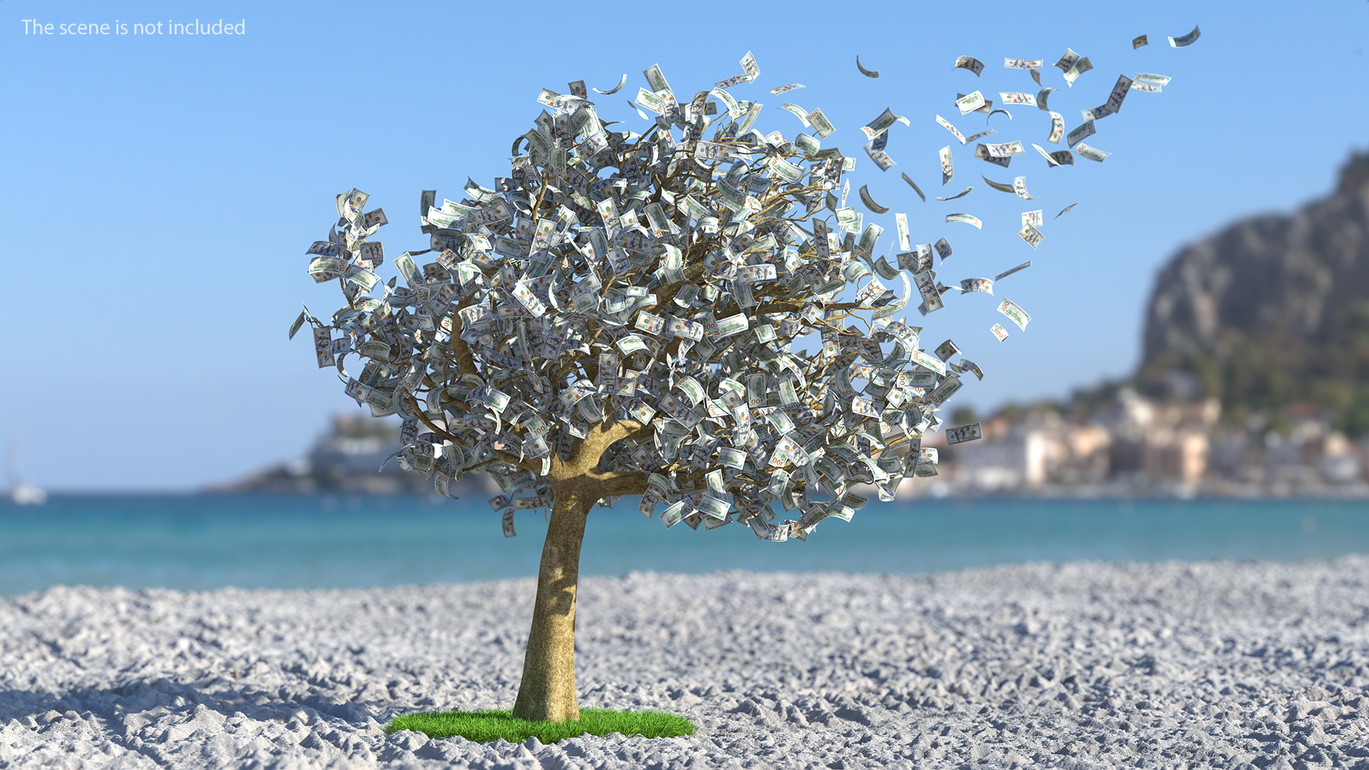 3D Money Tree with Dollars Blown by the Wind