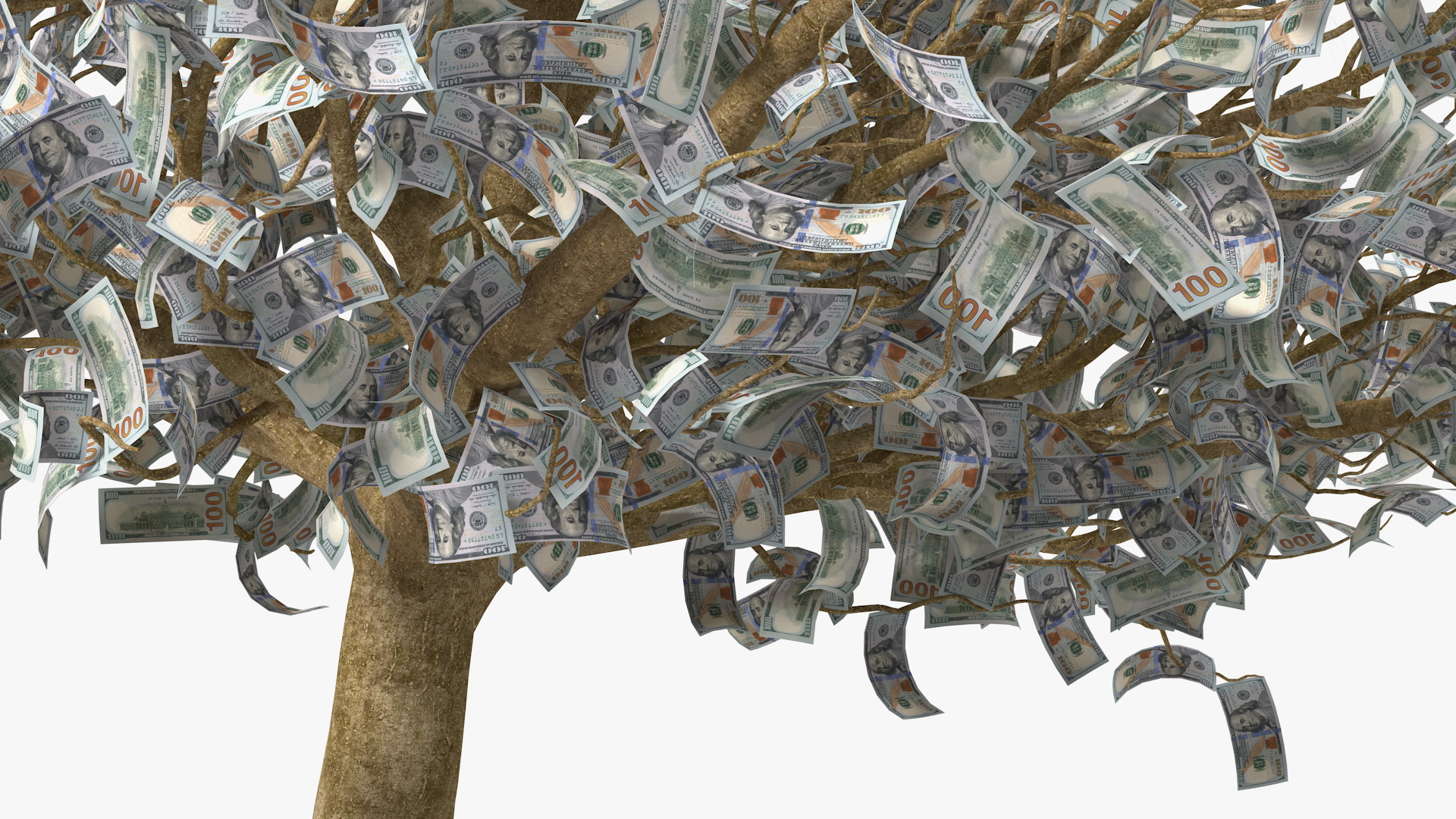 3D Money Tree with Dollars Blown by the Wind