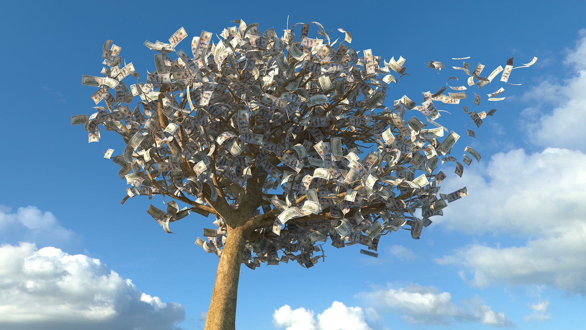 3D Money Tree with Dollars Blown by the Wind