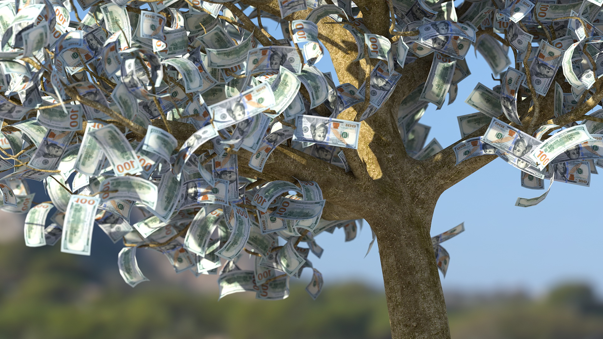 3D Money Tree with Dollars Blown by the Wind