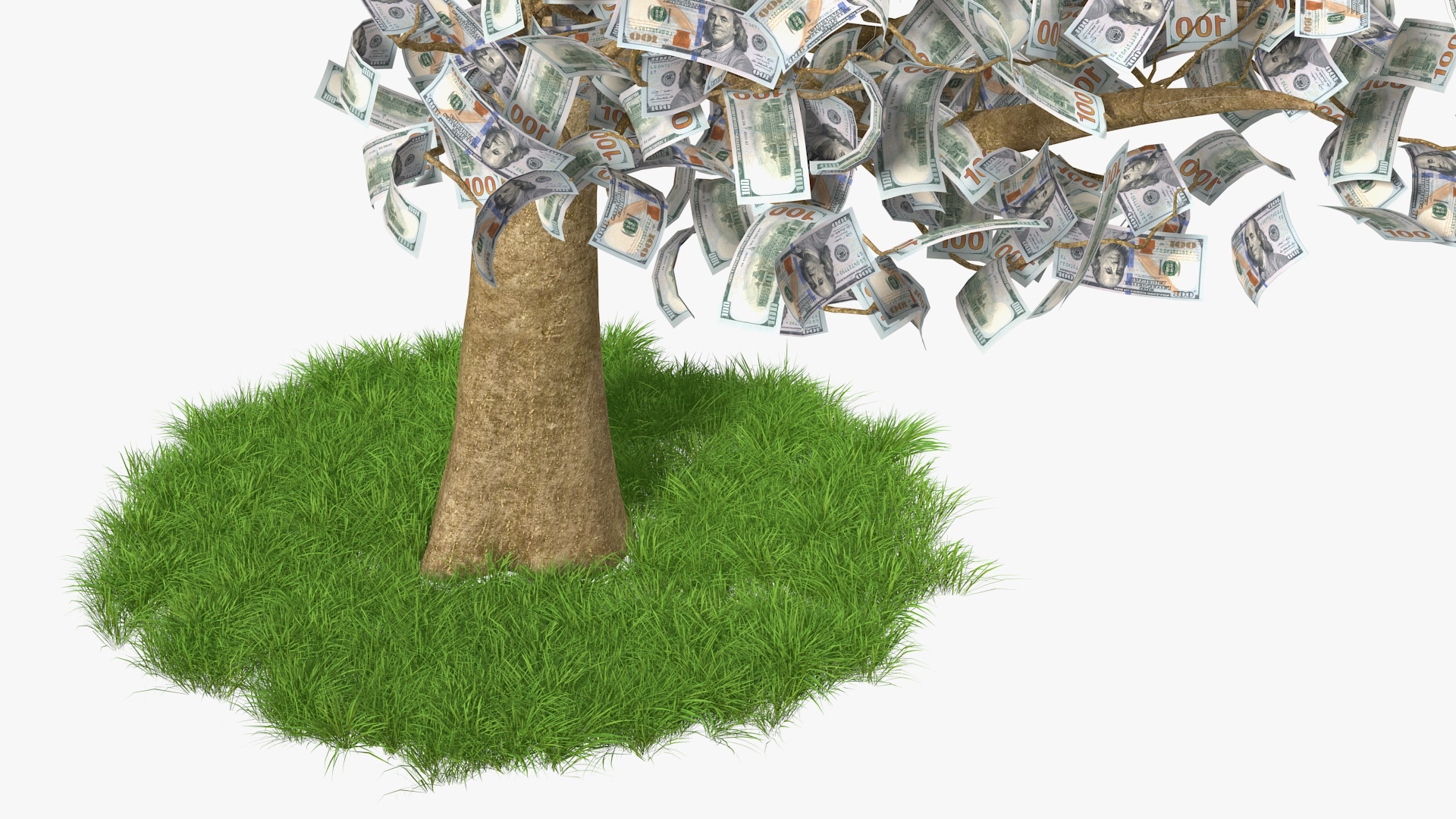 3D Money Tree with Dollars Blown by the Wind