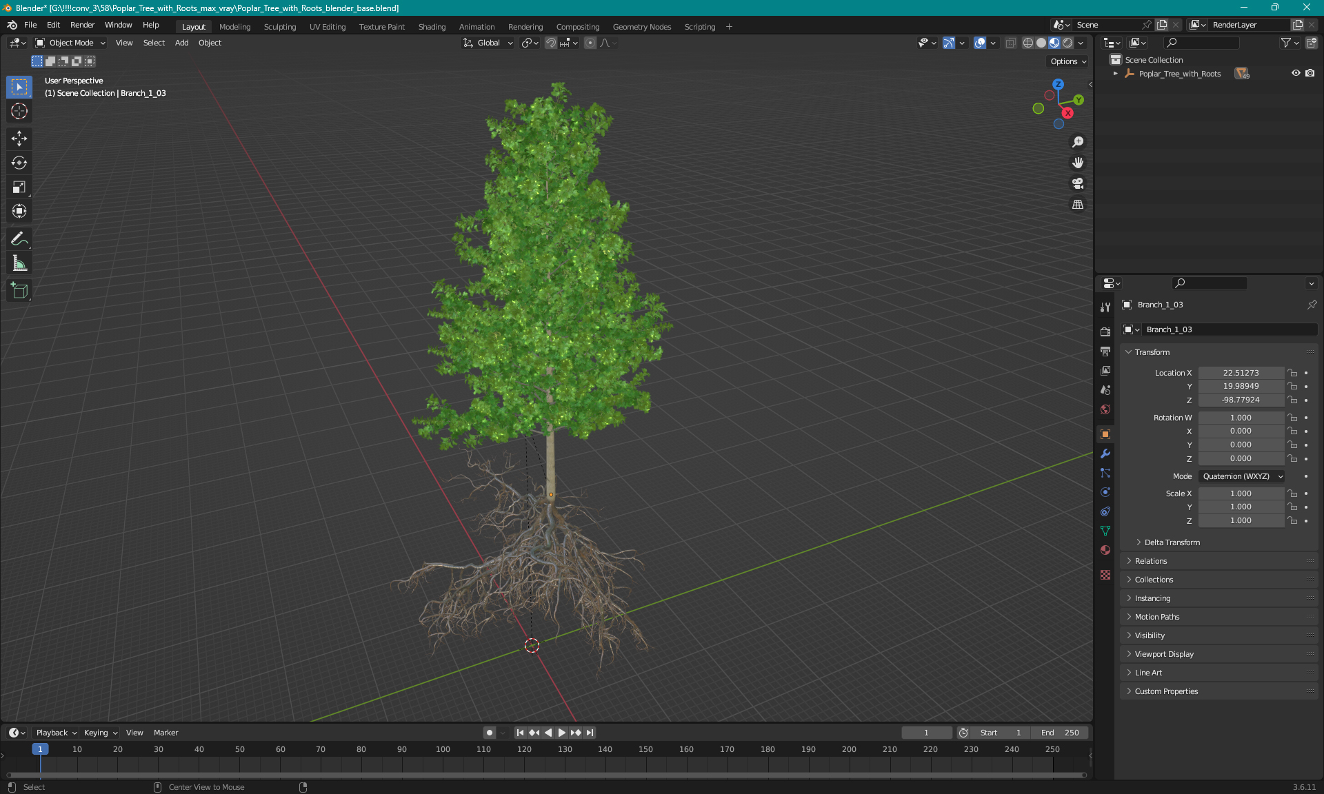 Poplar Tree with Roots 3D