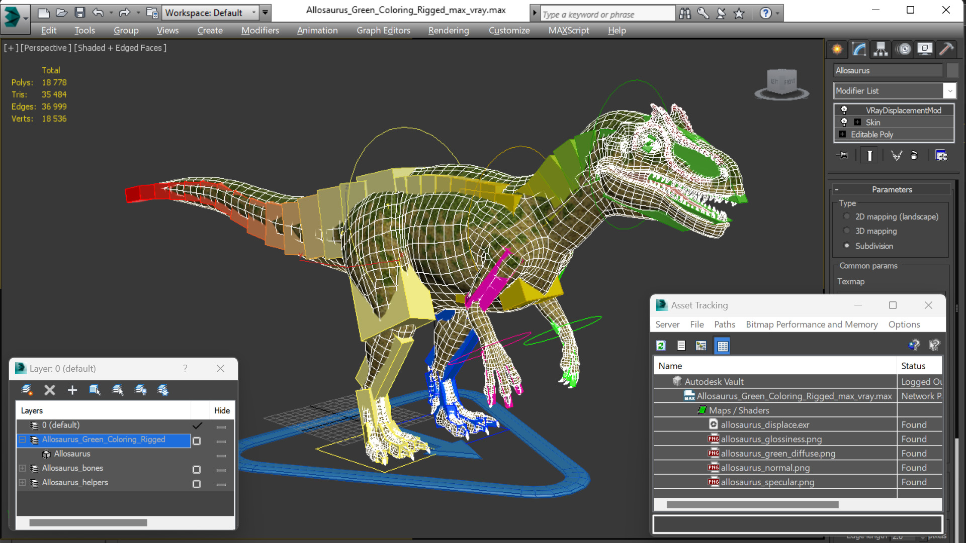 Allosaurus Green Coloring Rigged 3D