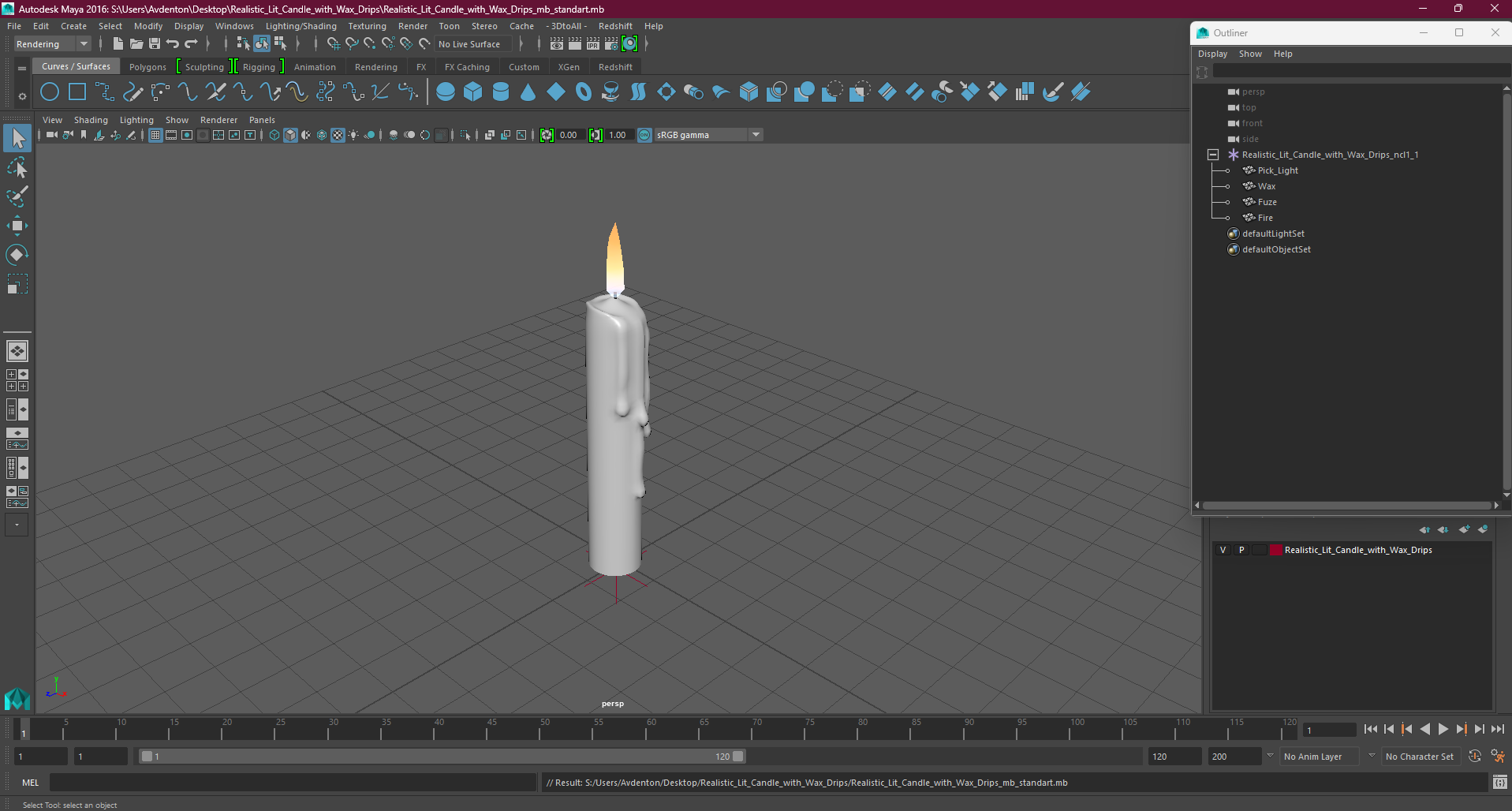 3D model Realistic Lit Candle with Wax Drips