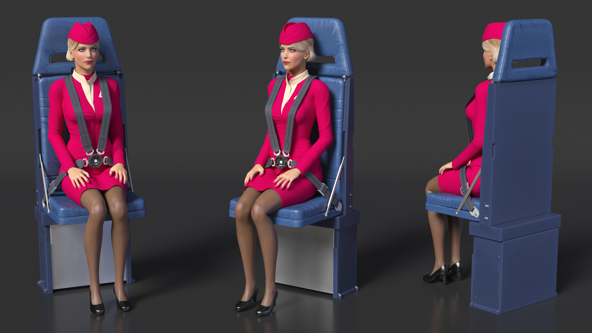 Stewardess Seated in Aircraft Crew Seat 3D model