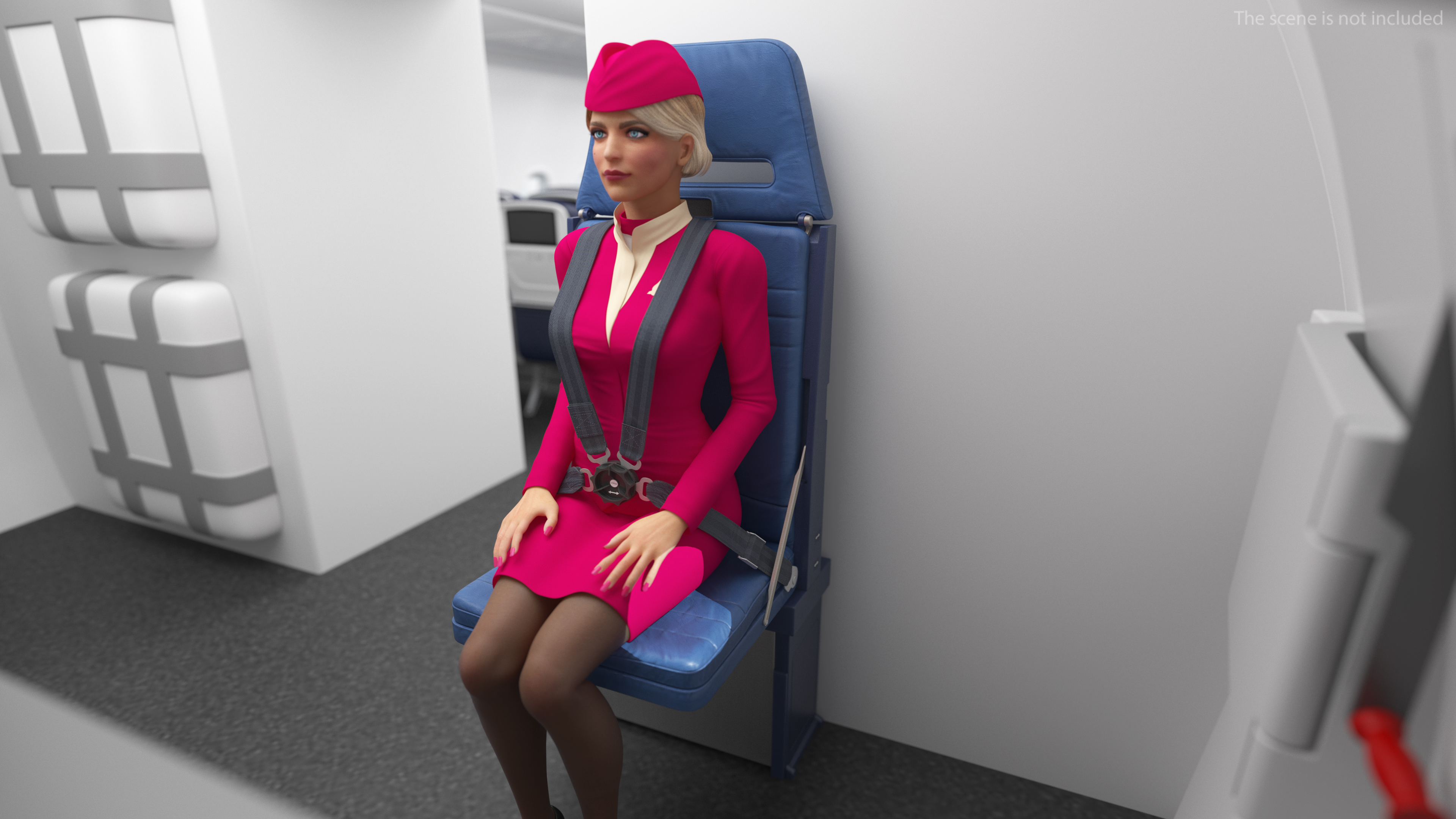 Stewardess Seated in Aircraft Crew Seat 3D model