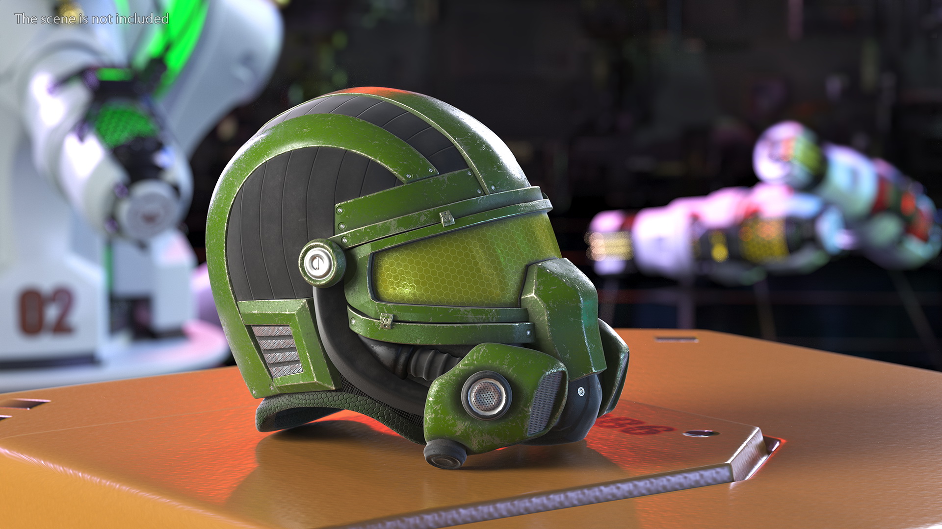 3D SciFi Helmet Green Scratches model