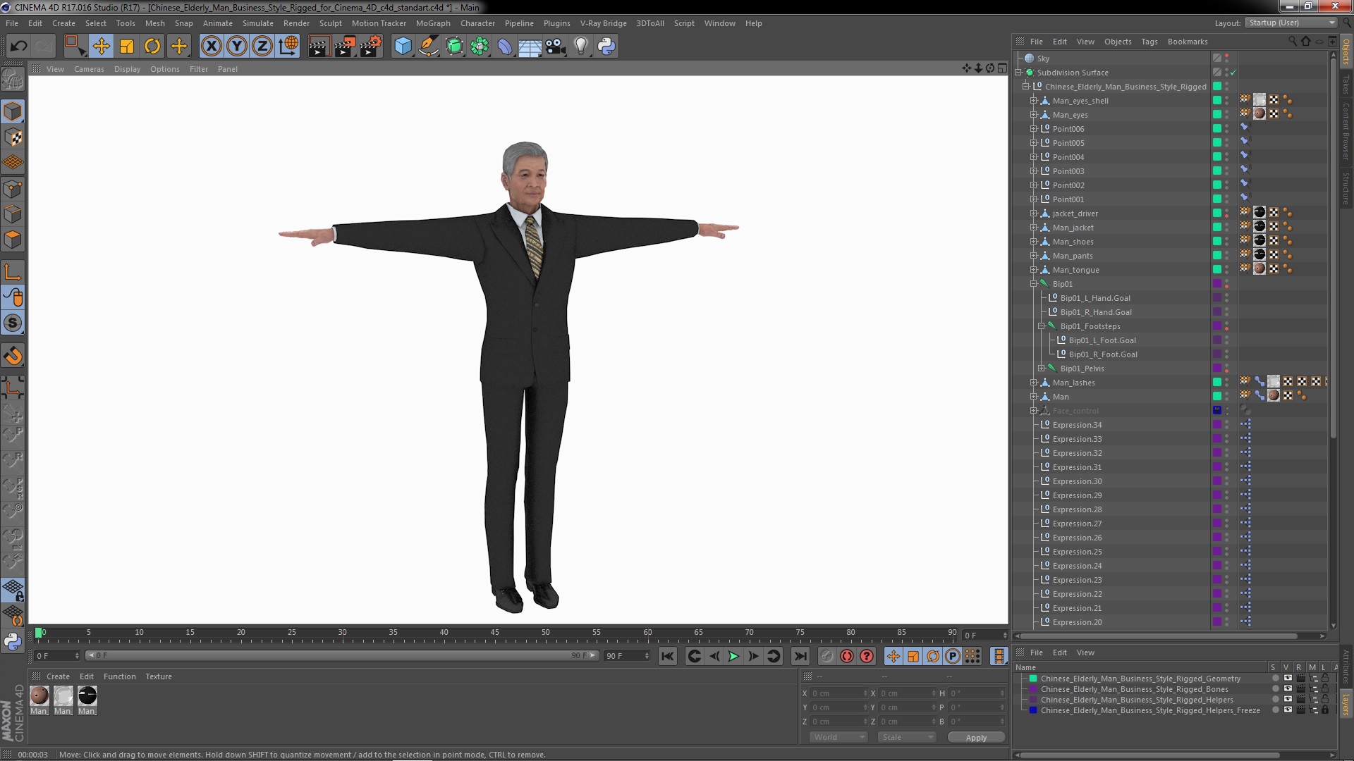 3D model Chinese Elderly Man Business Style Rigged for Cinema 4D