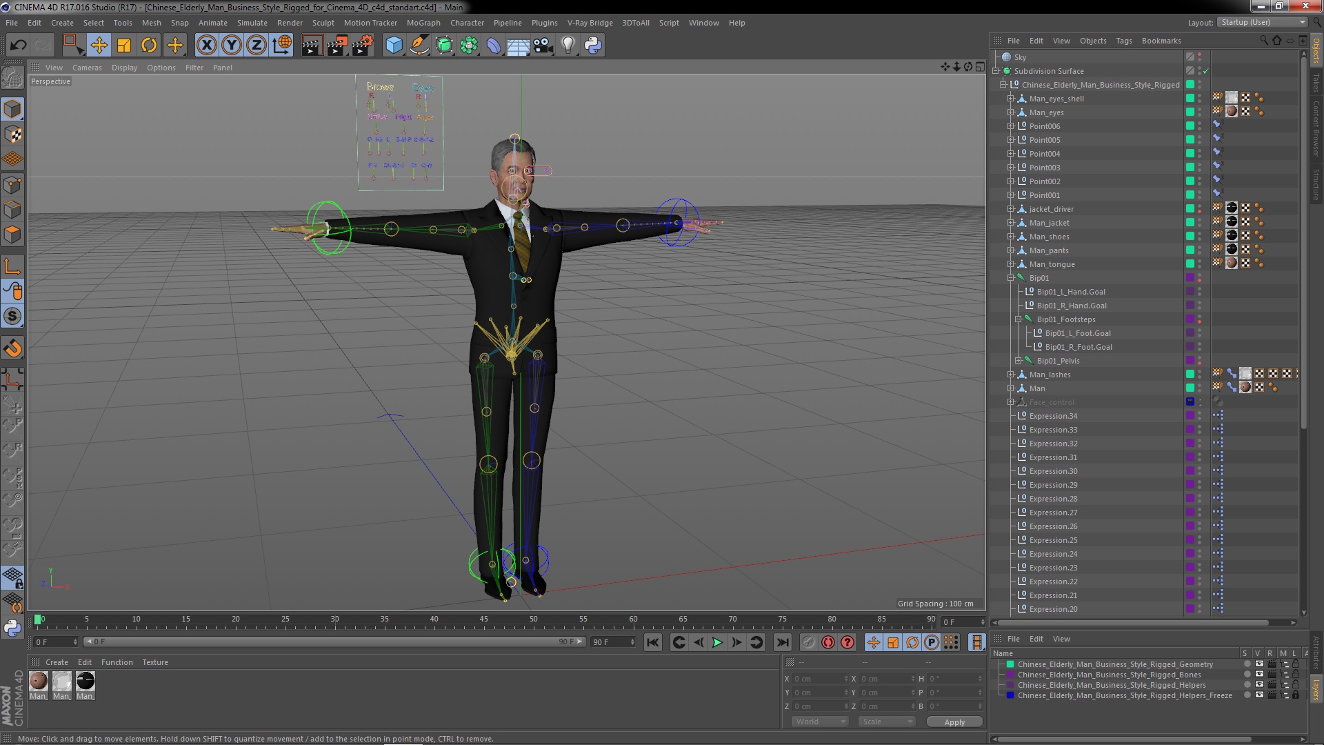 3D model Chinese Elderly Man Business Style Rigged for Cinema 4D