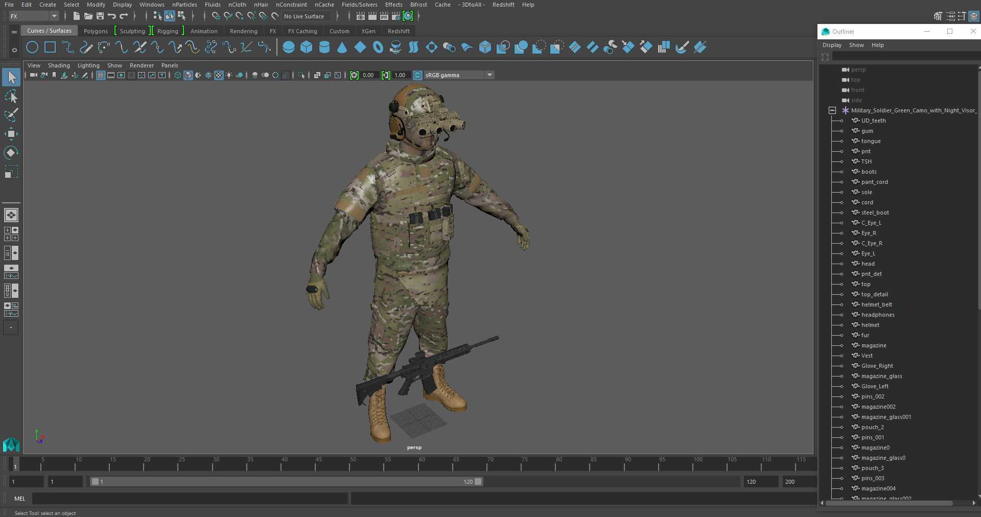 3D Military Soldier Green Camo with Night Visor A-pose