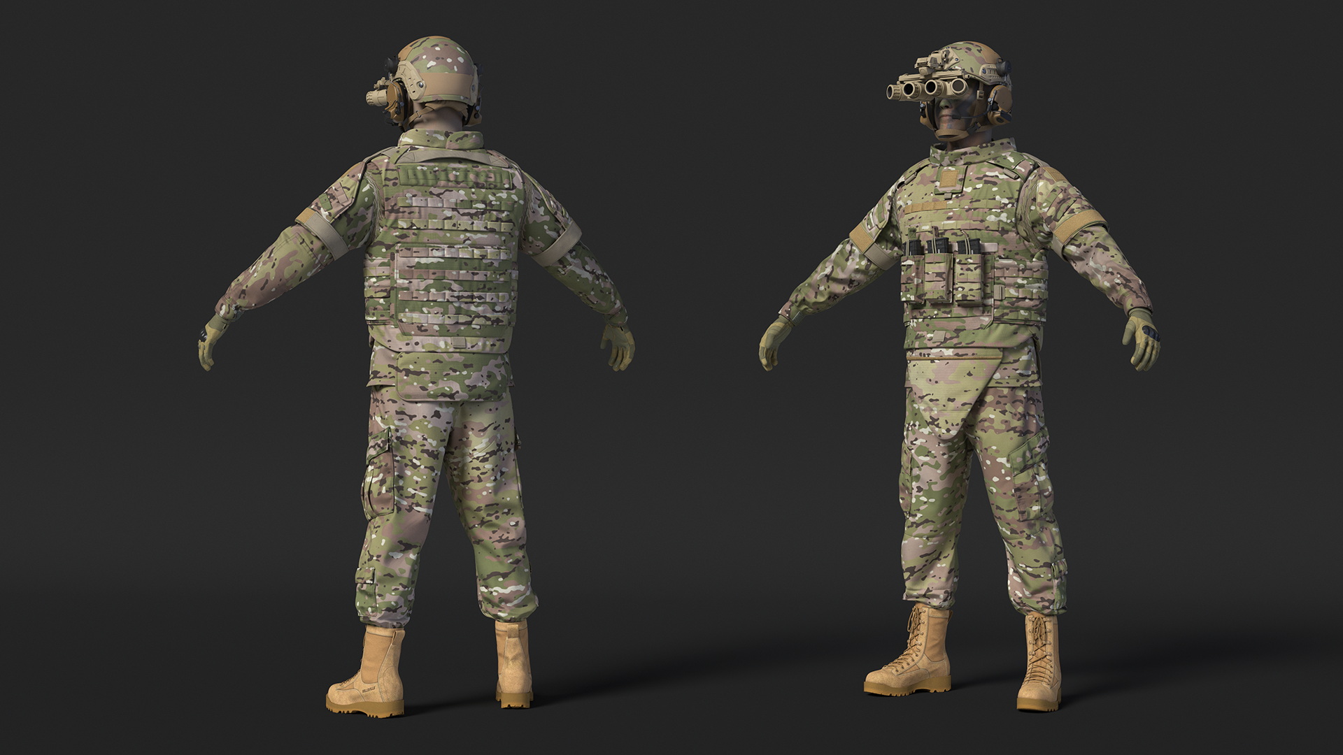 3D Military Soldier Green Camo with Night Visor A-pose