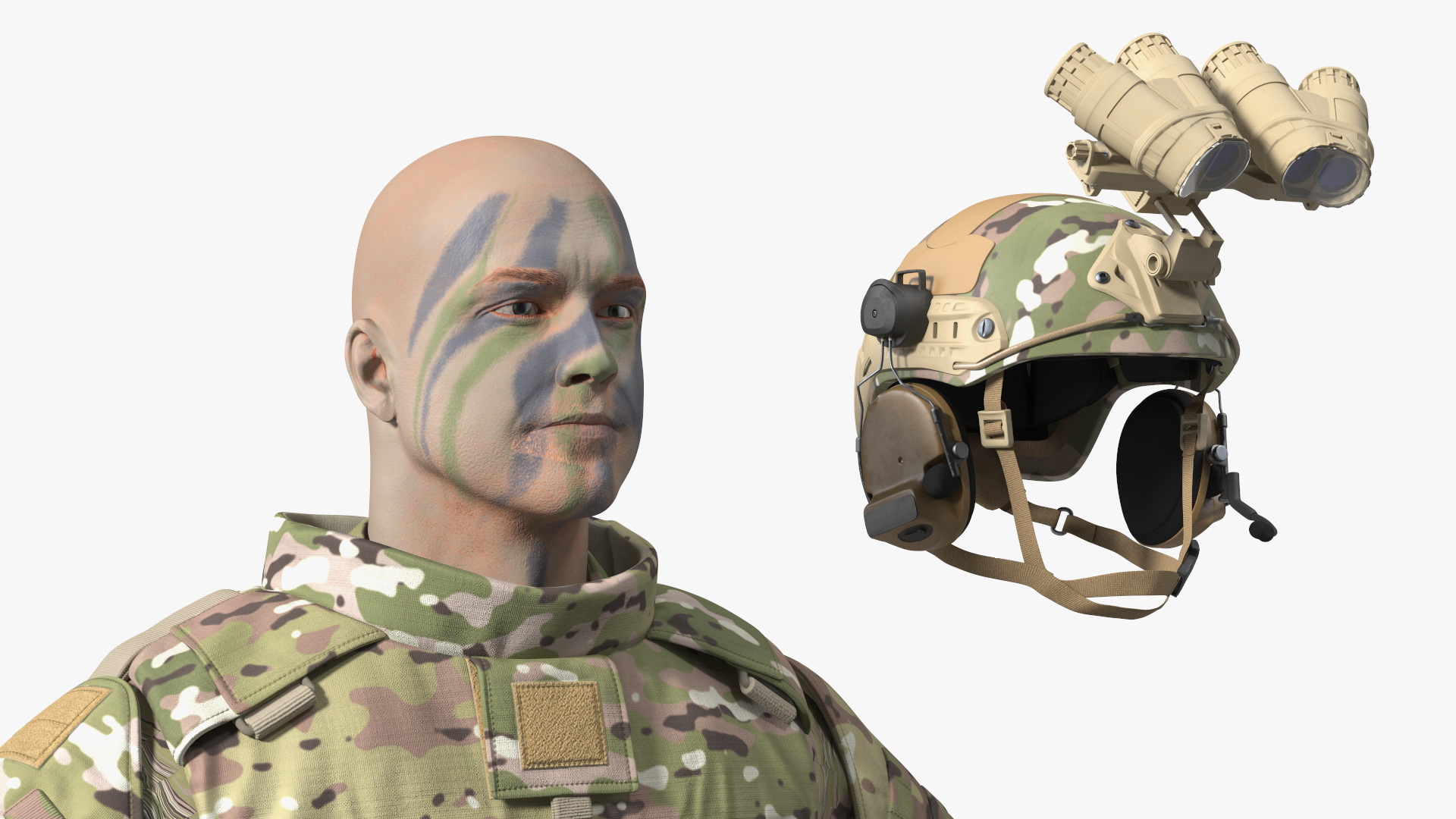 3D Military Soldier Green Camo with Night Visor A-pose