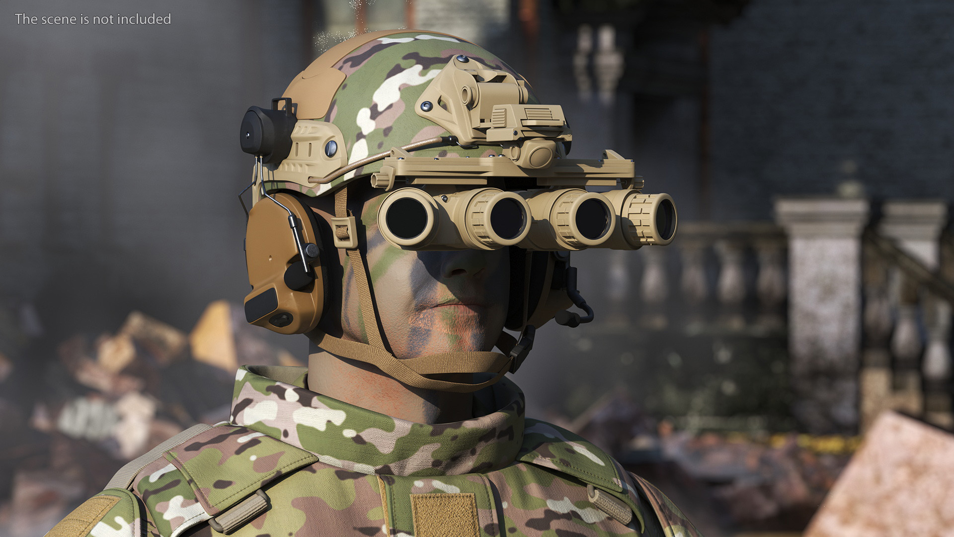 3D Military Soldier Green Camo with Night Visor A-pose