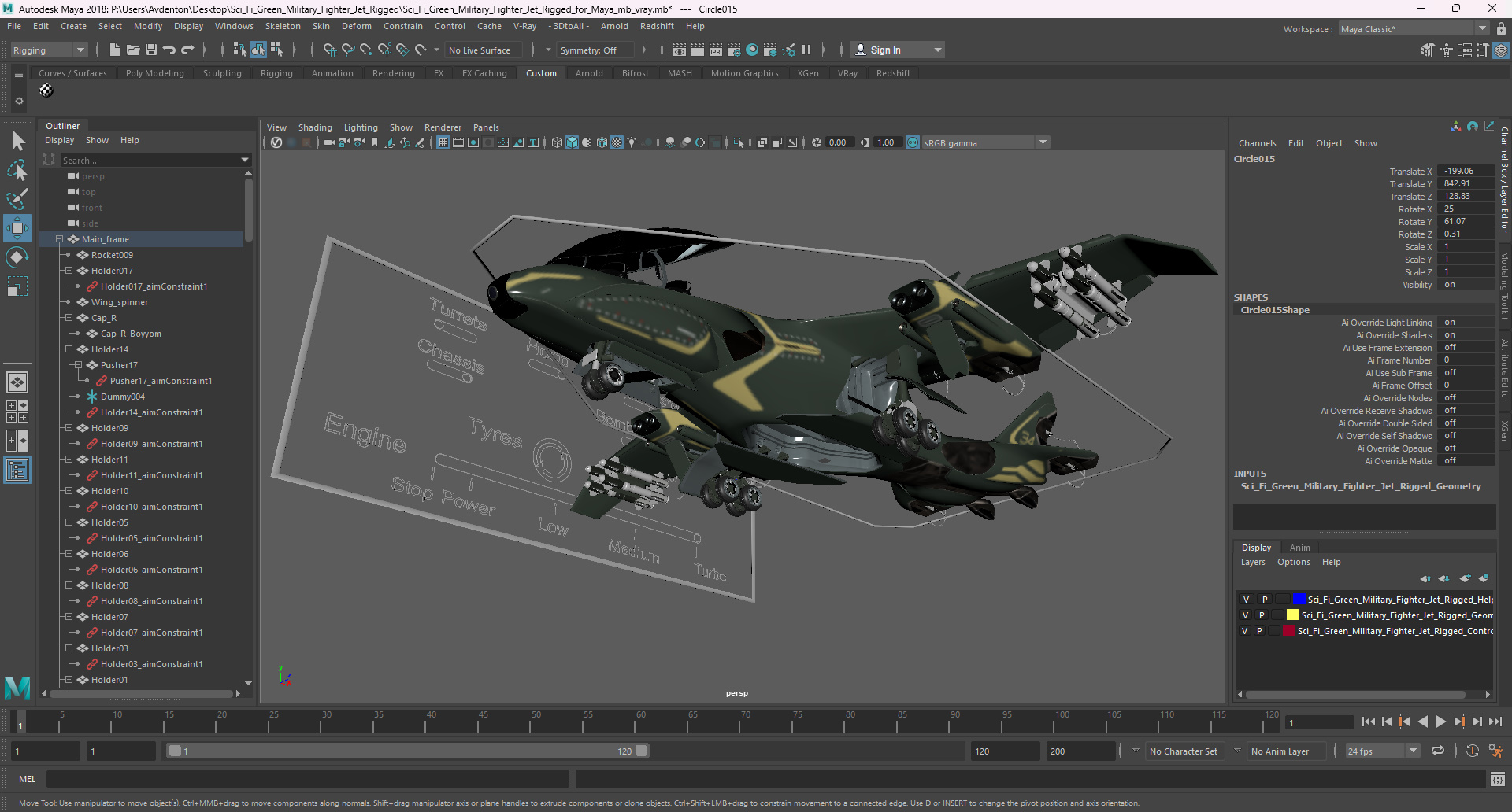 Sci Fi Green Military Fighter Jet Rigged for Maya 3D model